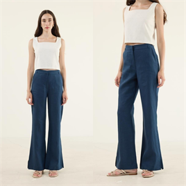 %100 Keten Flare Pantolon Lacivert