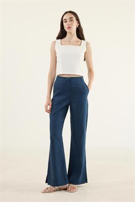 %100 Keten Flare Pantolon Lacivert