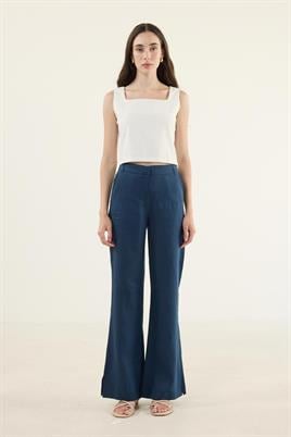 %100 Keten Flare Pantolon Lacivert