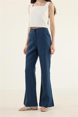 %100 Keten Flare Pantolon Lacivert