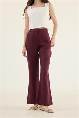 %100 Keten Flare Pantolon Mürdüm