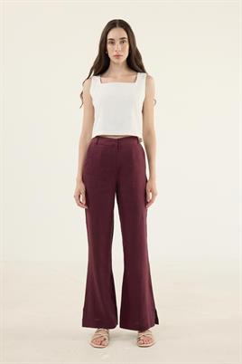 %100 Keten Flare Pantolon Mürdüm
