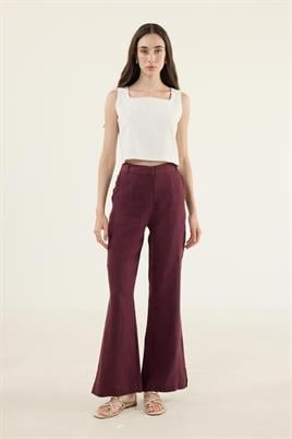 %100 Keten Flare Pantolon Mürdüm