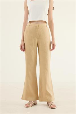 %100 Keten Flare Pantolon Sarı