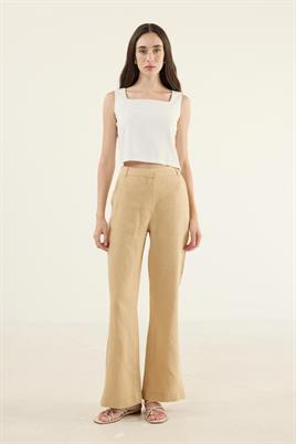 %100 Keten Flare Pantolon Sarı