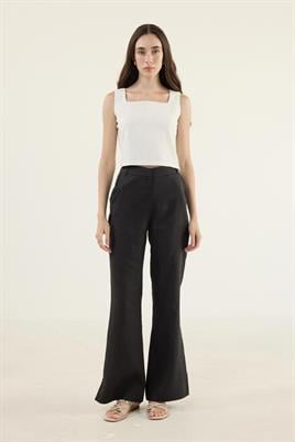 %100 Keten Flare Pantolon Siyah