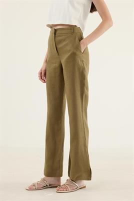 %100 Keten Flare Pantolon Zeytin Yeşili