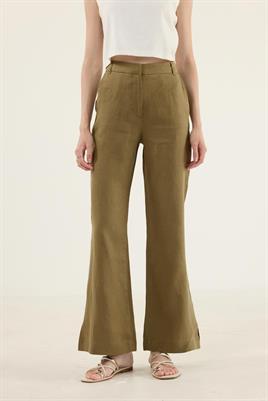 %100 Keten Flare Pantolon Zeytin Yeşili