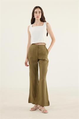%100 Keten Flare Pantolon Zeytin Yeşili