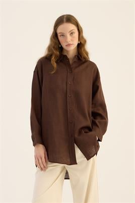 %100 Keten gömlek Acı kahve