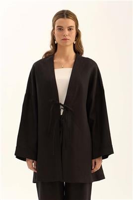 %100 Keten Kimono Siyah