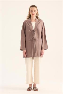 %100 Keten Kimono Vizon