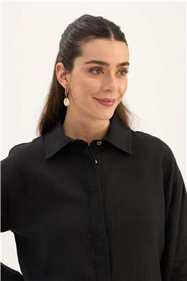 %100 Keten Kısa Gömlek Siyah