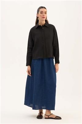 %100 Keten Kısa Gömlek Siyah