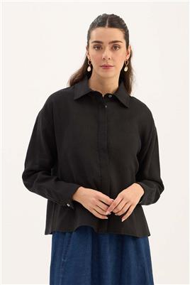 %100 Keten Kısa Gömlek Siyah