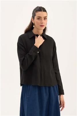 %100 Keten Kısa Gömlek Siyah