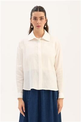 %100 Keten Kısa Gömlek Ekru