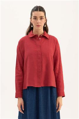 %100 Keten Kısa Gömlek Kırmızı