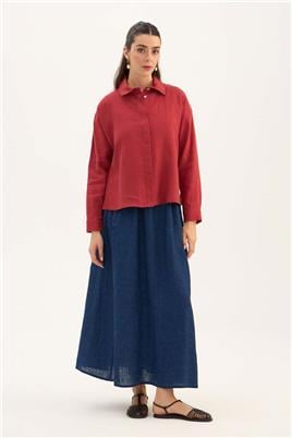 %100 Keten Kısa Gömlek Kırmızı