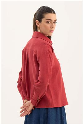 %100 Keten Kısa Gömlek Kırmızı