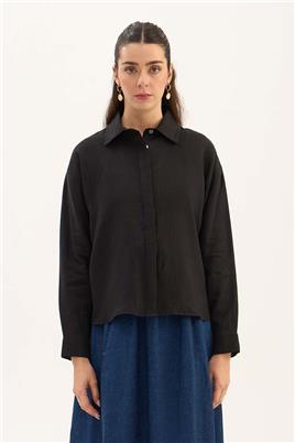 %100 Keten Kısa Gömlek Siyah