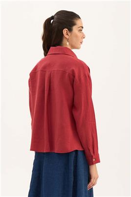 %100 Keten Kısa Gömlek Kırmızı