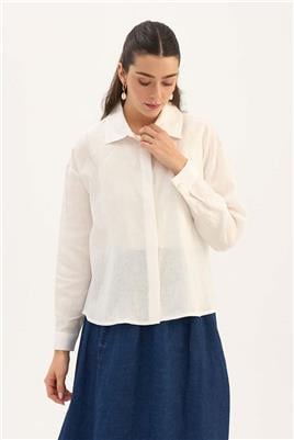 %100 Keten Kısa Gömlek Ekru