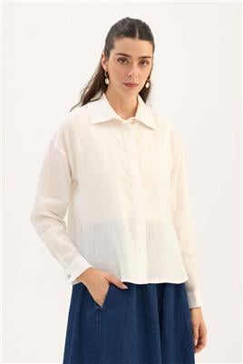 %100 Keten Kısa Gömlek Ekru