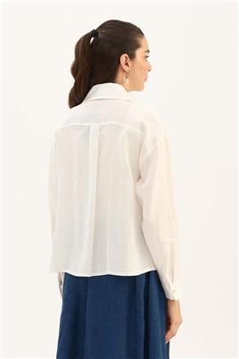 %100 Keten Kısa Gömlek Ekru