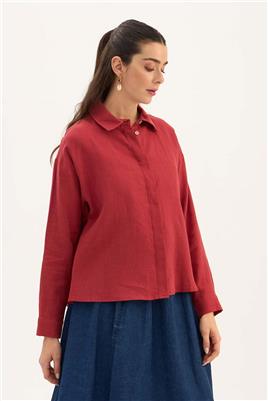 %100 Keten Kısa Gömlek Kırmızı