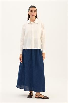 %100 Keten Kısa Gömlek Ekru