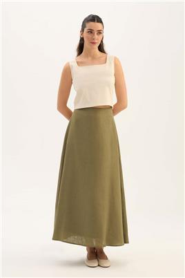 %100 Keten Kloş Etek Haki