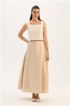 %100 Keten Kloş Etek Krem