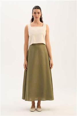 %100 Keten Kloş Etek Haki