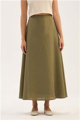 %100 Keten Kloş Etek Haki