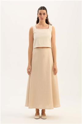 %100 Keten Kloş Etek Krem