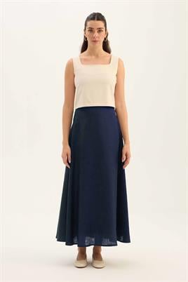 %100 Keten Kloş Etek Lacivert