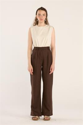 %100 Keten Palazzo Pantolon Acı kahve