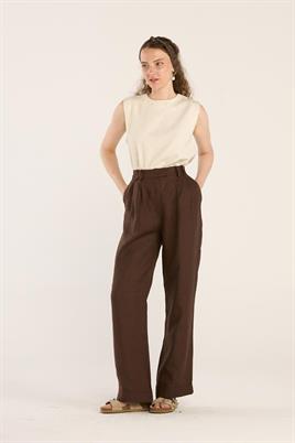 %100 Keten Palazzo Pantolon Acı kahve