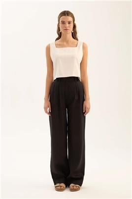 %100 Keten Palazzo Pantolon Siyah