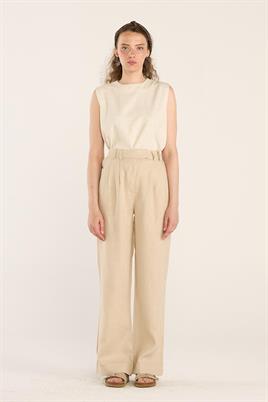 %100 Keten Palazzo Pantolon Krem