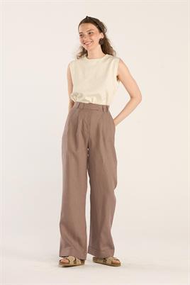 %100 Keten Palazzo Pantolon Vizon