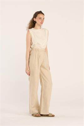 %100 Keten Palazzo Pantolon Krem