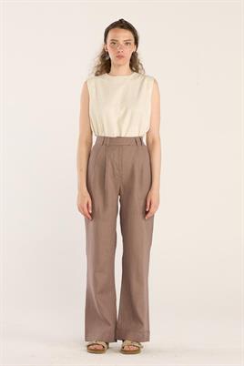 %100 Keten Palazzo Pantolon Vizon