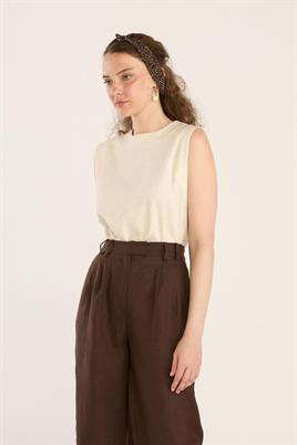 %100 Keten Palazzo Pantolon Acı kahve