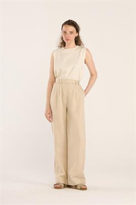 %100 Keten Palazzo Pantolon Krem