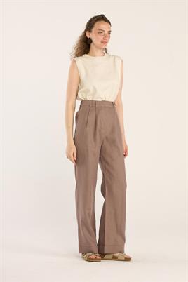 %100 Keten Palazzo Pantolon Vizon