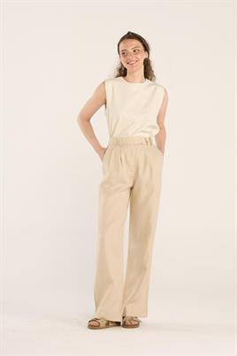 %100 Keten Palazzo Pantolon Krem