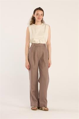 %100 Keten Palazzo Pantolon Vizon