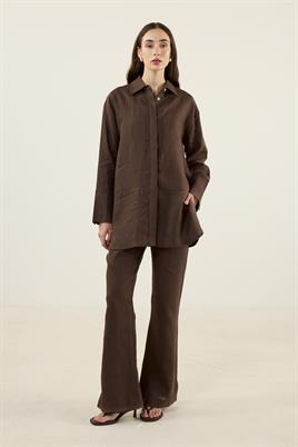 %100 Keten Parçalı Gömlek Acı kahve